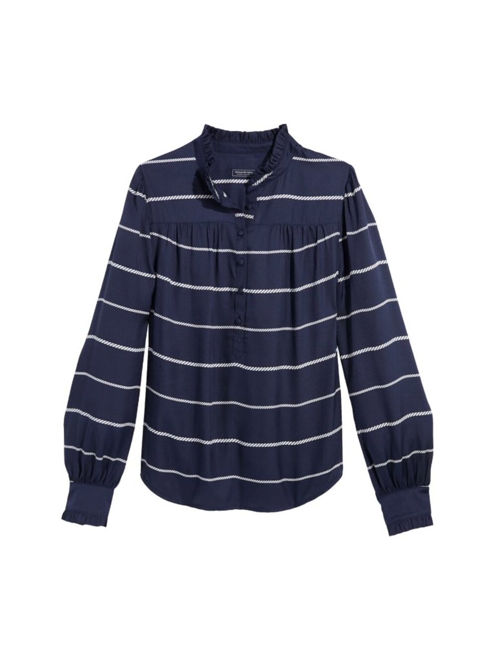 VINEYARD VINES Ruffle Collar Silk Blend Popover Top In Blue Stripe SM